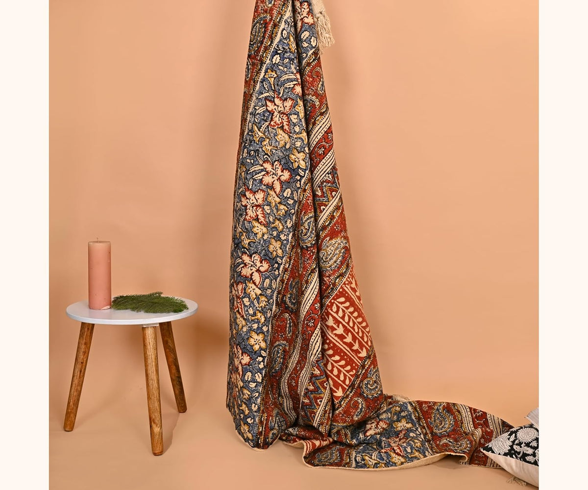 Handmade Cotton Floral Throw Blanket | Indian Block Print with Tassels | Boho Fringed Sofa & Bed
