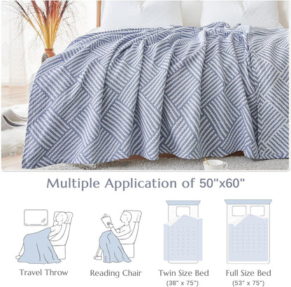 jinchan Boho 100% Cotton Blanket Muslin 50x60 Inches Lightweight 3-Layer Geometric Square Striped