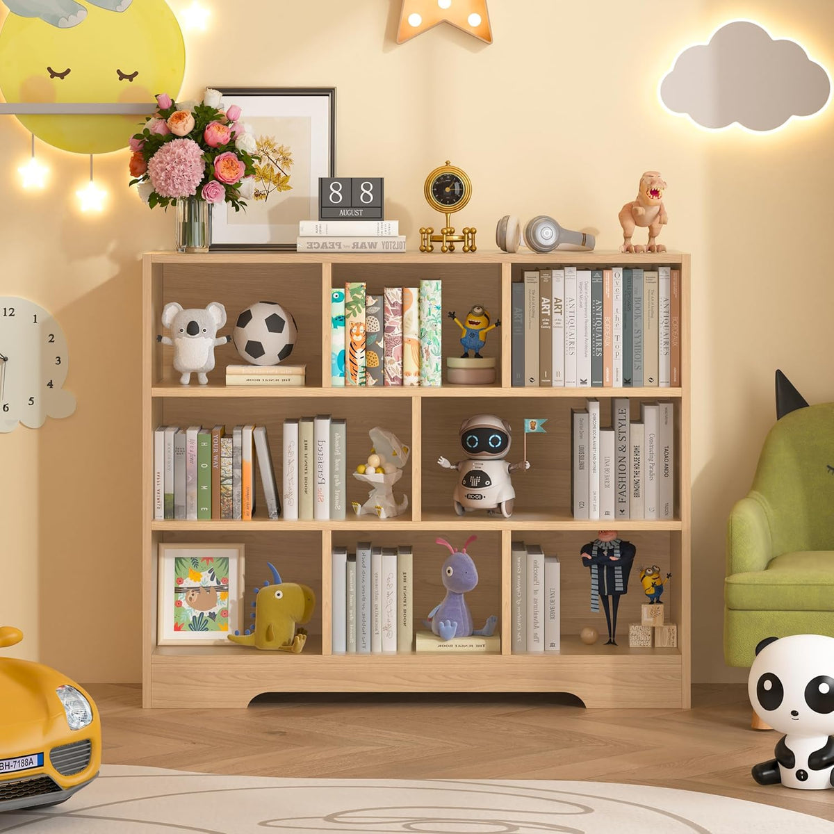 Book Shelf, 8 Cubes Storage Organizer, 3-Tier Open Shelf Wooden Bookcase, Freestanding Log