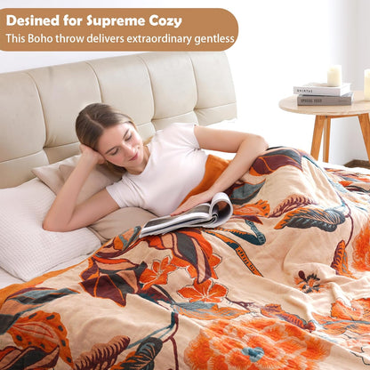 Boho Throw Blanket, 100% Organic Cotton Breathable Soft Lightweight All Season Rustic Bed Throw