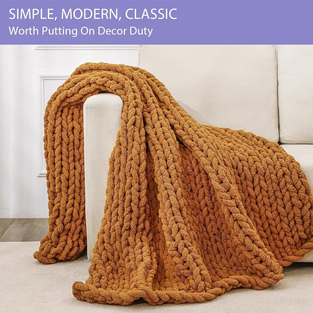 Bigacogo Chunky Knit Throw Blanket for Couch, 40x60 inches, 100% Hand Knitted with Thick Jumbo