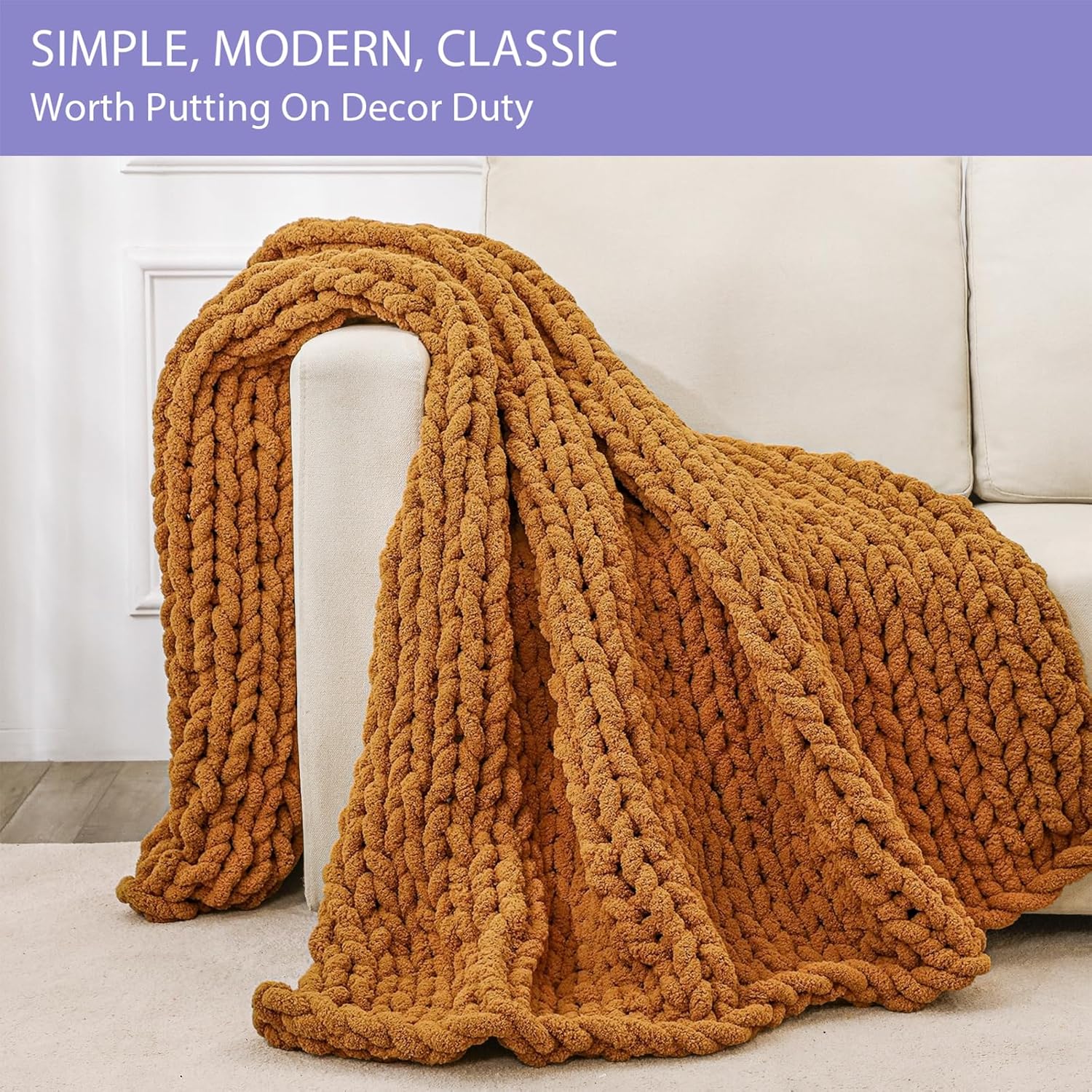 Bigacogo Chunky Knit Throw Blanket for Couch, 51x63 inches, 100% Hand Knitted with Thick Jumbo