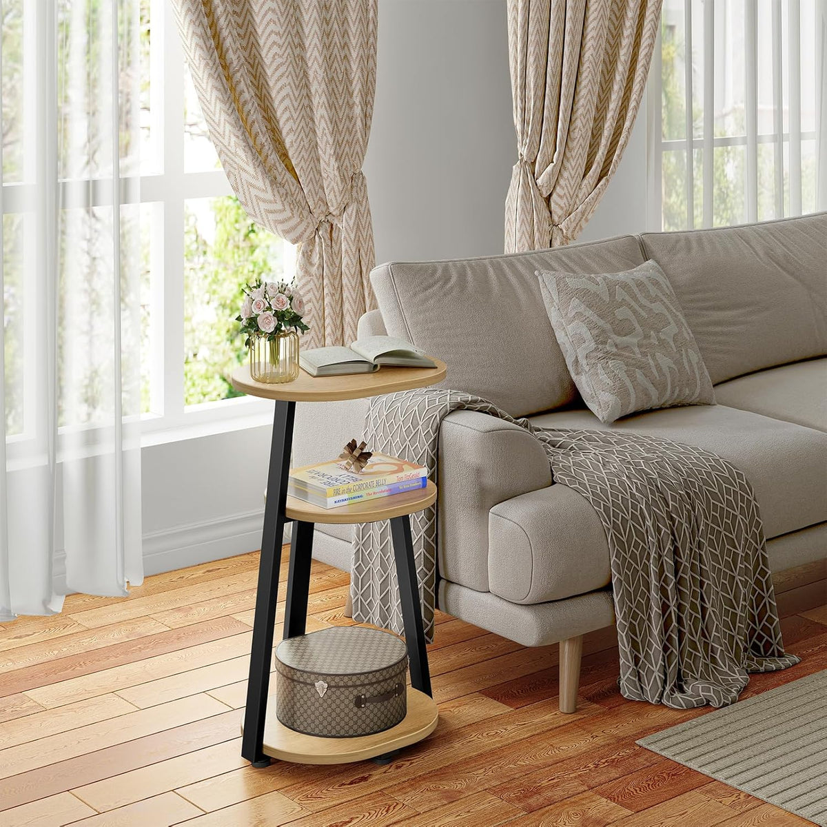 Side Table, Small End Table with Metal Frame, 3-Tier Bedside Tables, Round Side Tables for Living