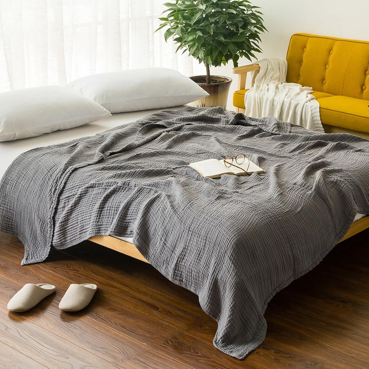 EMME Cotton Blanket Queen Size for Bed Soft Large Muslin Bed Blankets 90"*90" Lightweight