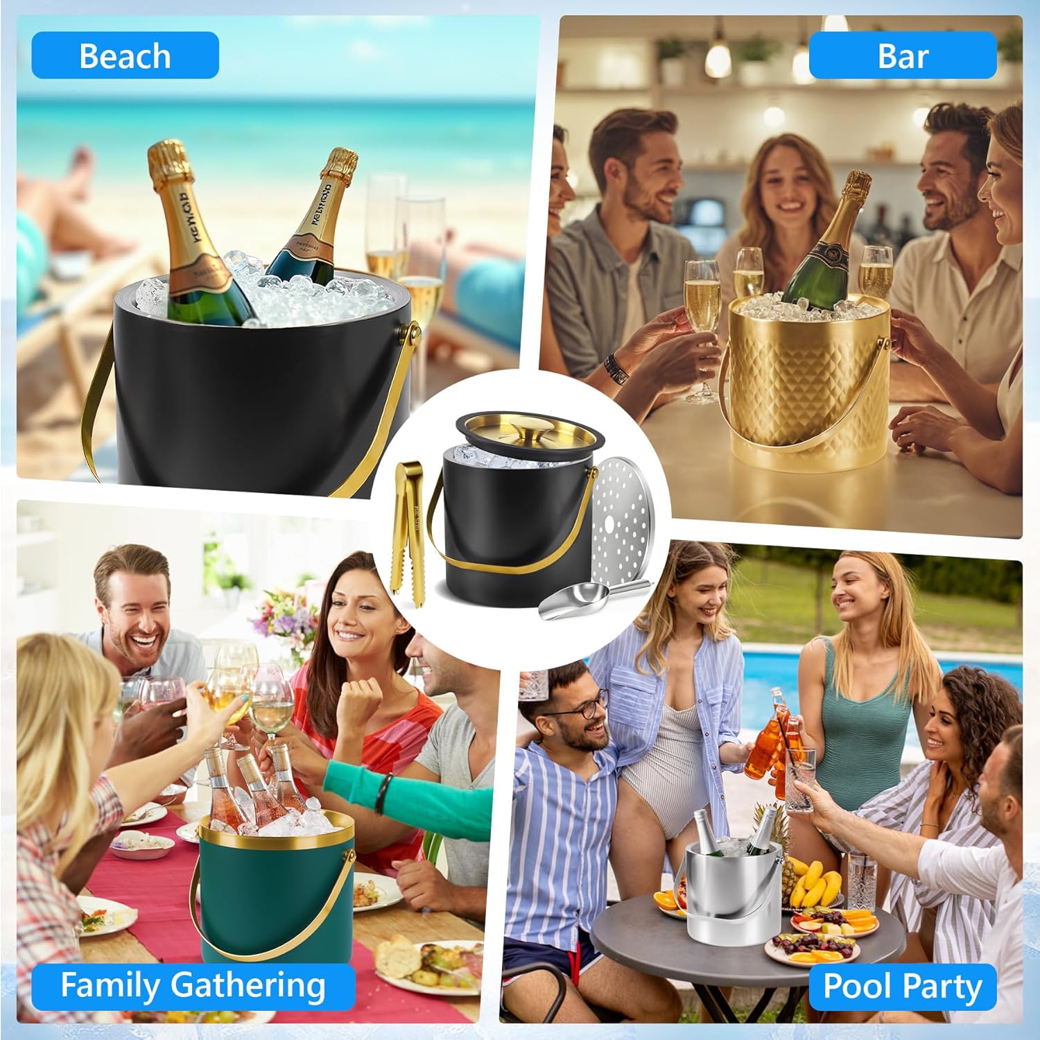 Ice Bucket, Ice Bucket with Silicone Sealing Ring Double-Wall Vacuum Insulation Champagne Buckets