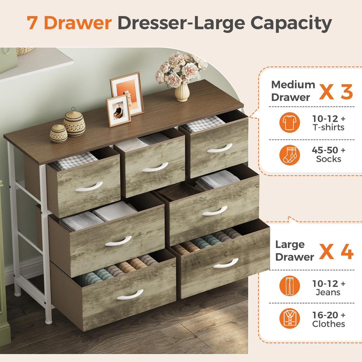 Sweetcrispy 7 Drawer Dresser for Bedroom Storage with Fabric Bins, Oak