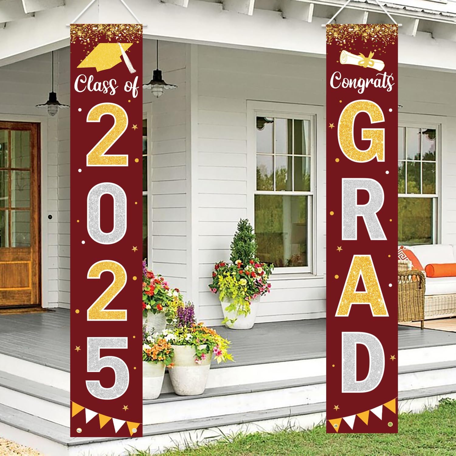 Graduation Decorations 2025 GRAD Banner Maroon Porch Door Sign Welcome Banner For Indoor Outdoor