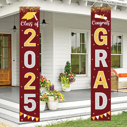 Graduation Decorations 2025 GRAD Banner Maroon Porch Door Sign Welcome Banner For Indoor Outdoor
