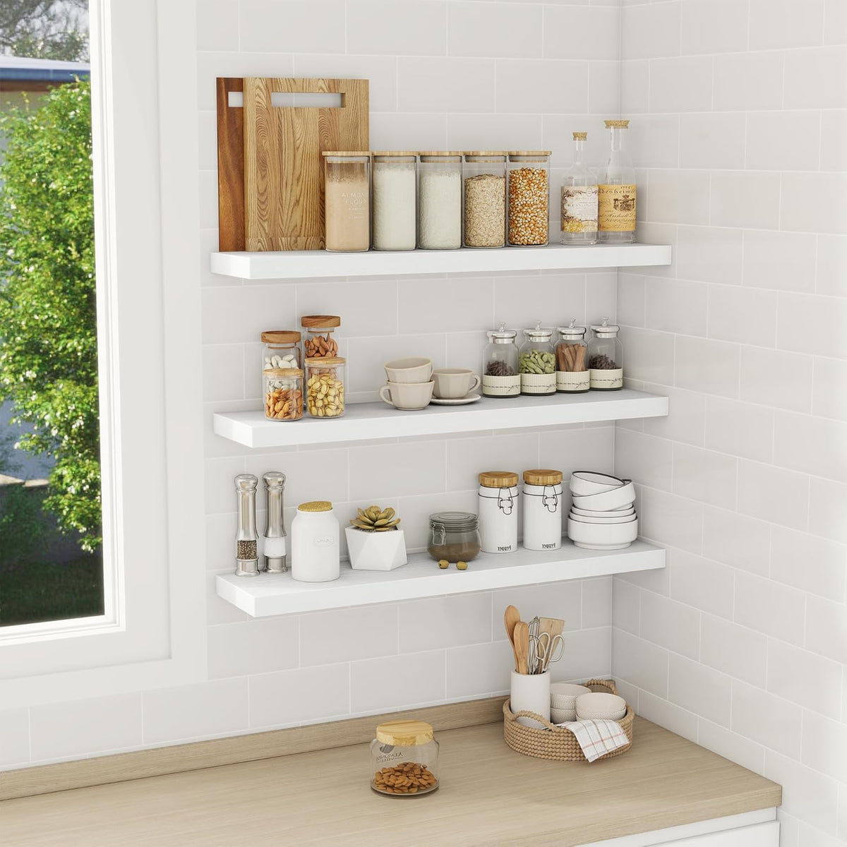 Fun Memories 32 Inch Floating Shelves Wall Shelf Set of 3, White Bathroom Shelves 32 Inch