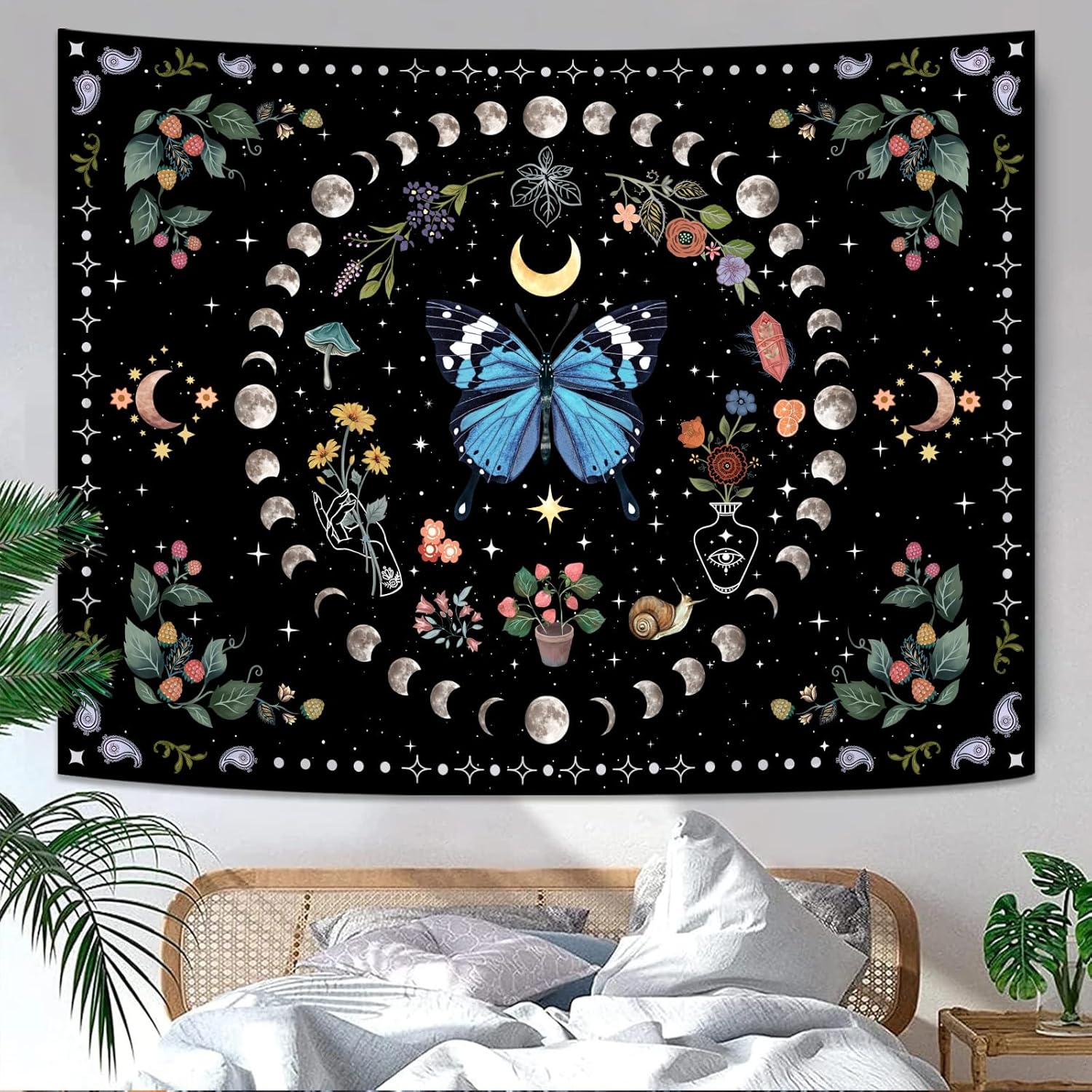 Aipon Blue Butterfly Moon Flower Tapestry Botanical Boho Plant Floral Wall Hanging for Bedroom and