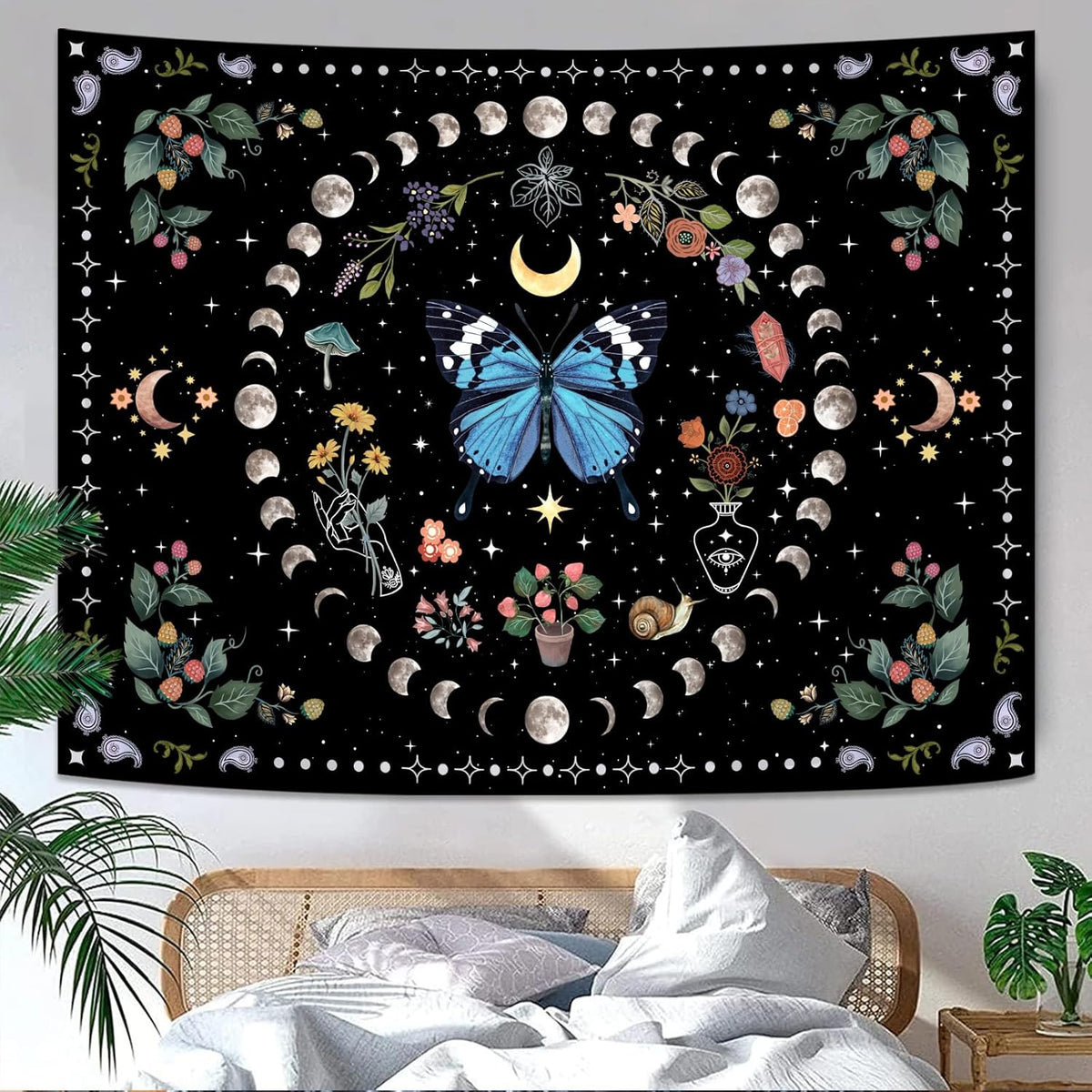 Aipon Blue Butterfly Moon Flower Boho Floral Tapestry for Bedroom & Living Room (60.00'' 80.00''