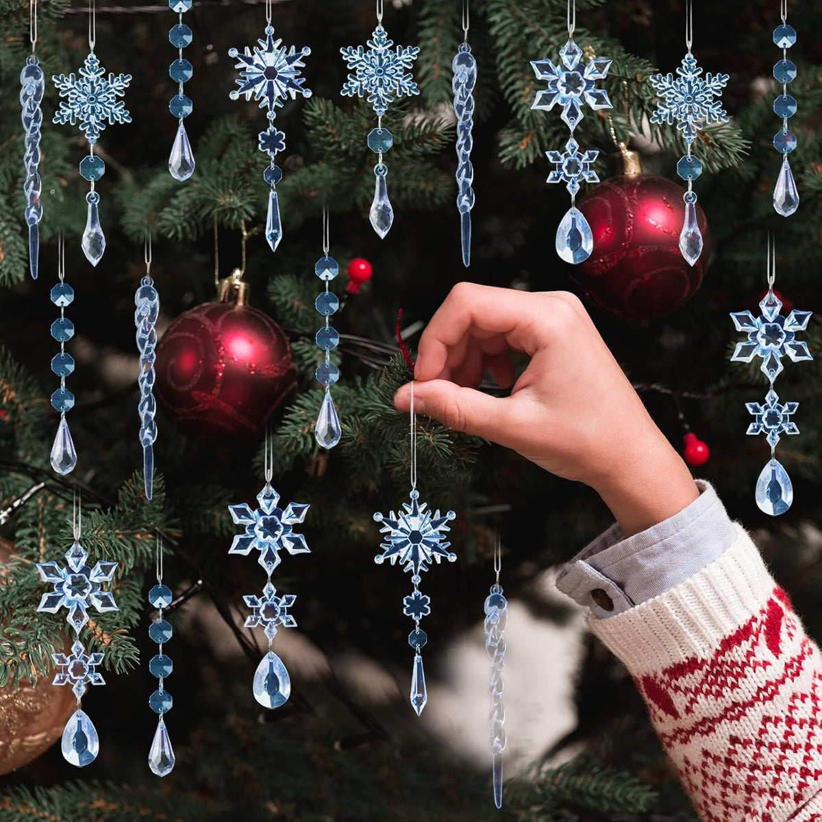 18pcs Crystal Christmas Ornaments for Christmas Tree Decorations-Blue Hanging Acrylic Snowflake and