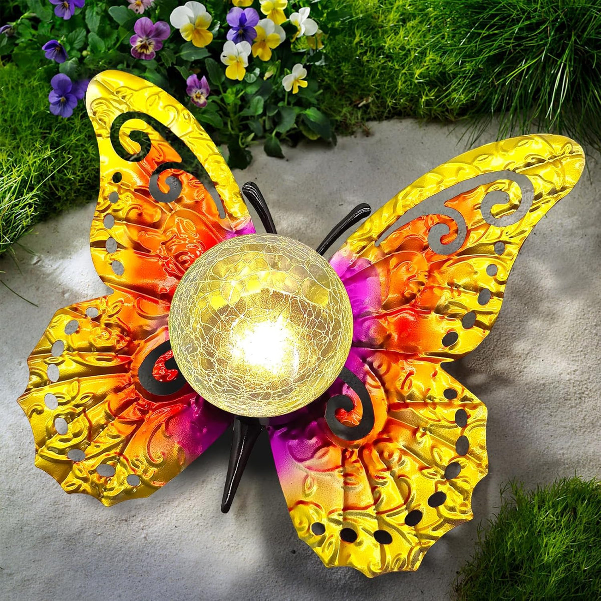 Solar Lights Outdoor Garden Butterfly Decor, Metal Butterfly Statue Decoration with LED Crackle
