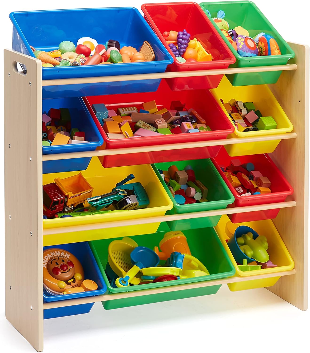Amazon Basics Kids Toy Storage Organizer With 12 Plastic Bins, Natural Wood With Bright Bins, 10.9"