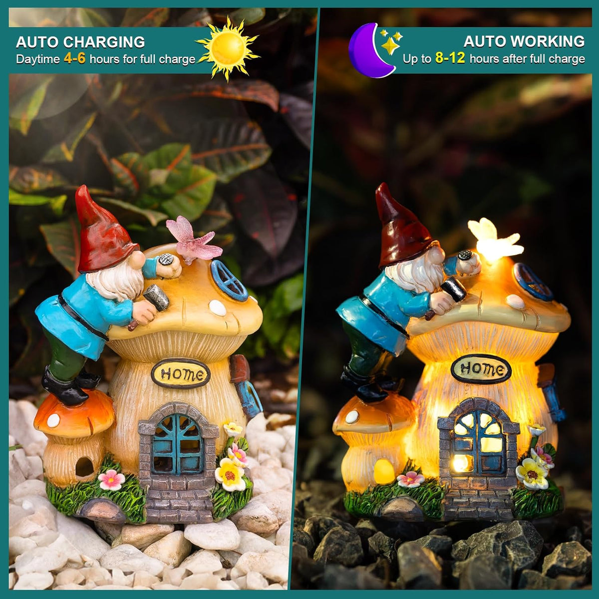Garden Gnome Statues Figurine Lights - Solar Powered Lighting Outdoor Decorations, Gnome Build