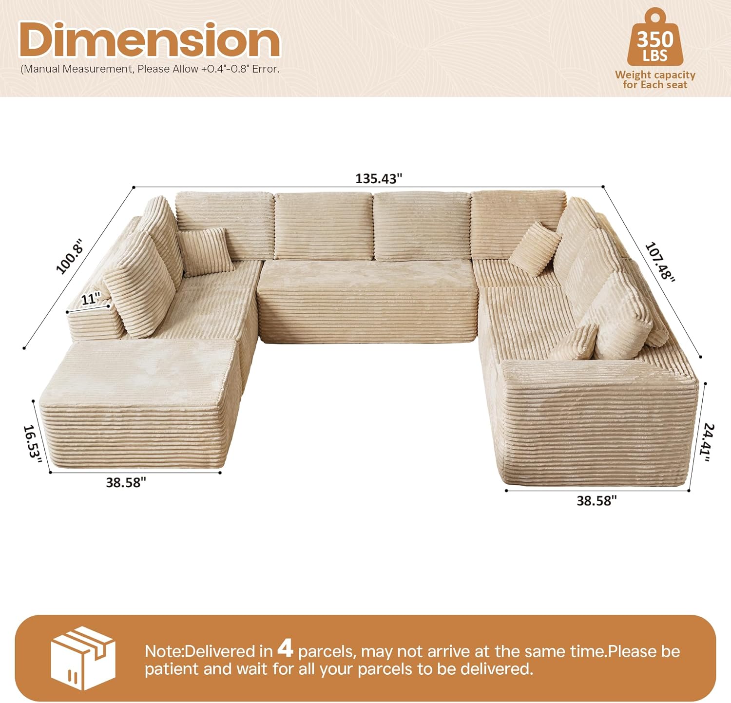 Cloud Sectional Couches for Living Room,U Shaped Modular Sofas No Assembly,135x100 Inches Plush