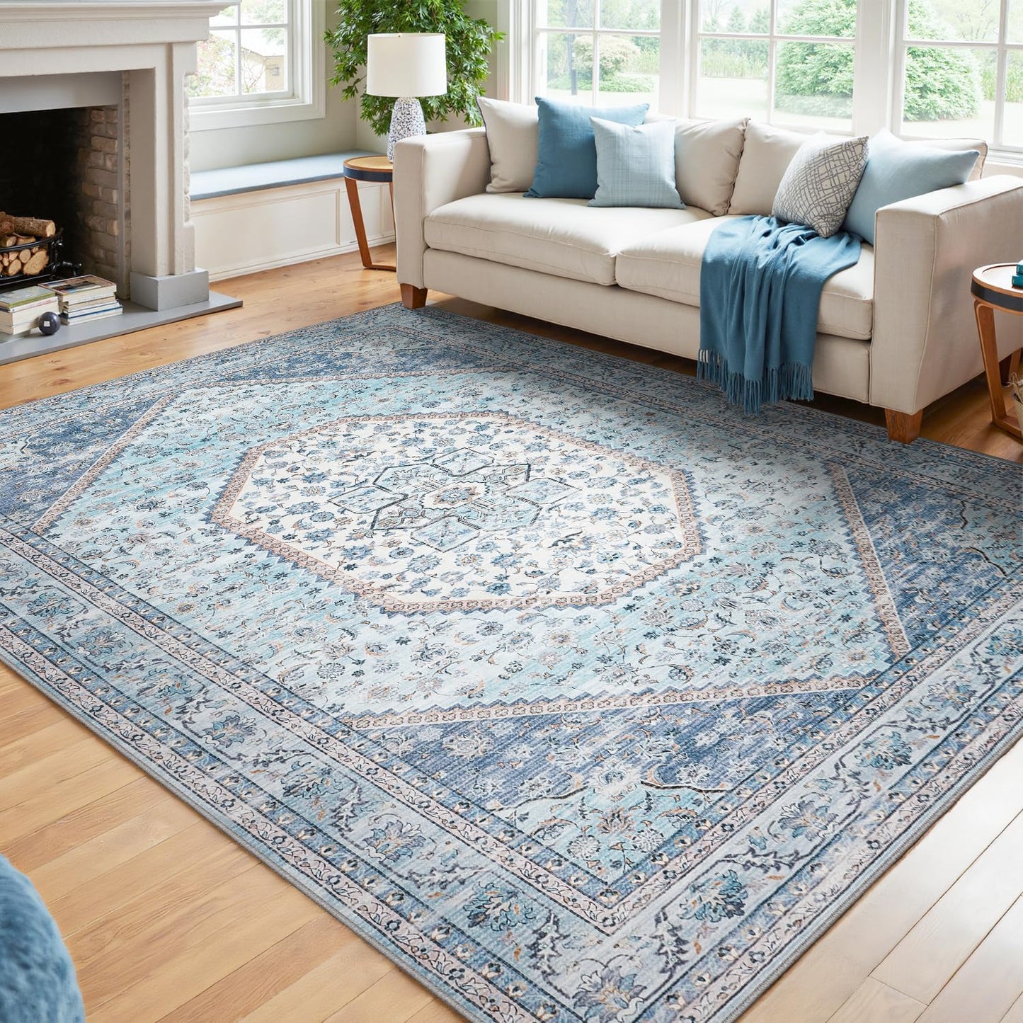 DCX Machine Washable Blue and Beige Area Rugs 5x7, Non Slip Stain Resistant Vintage Floral Rug for