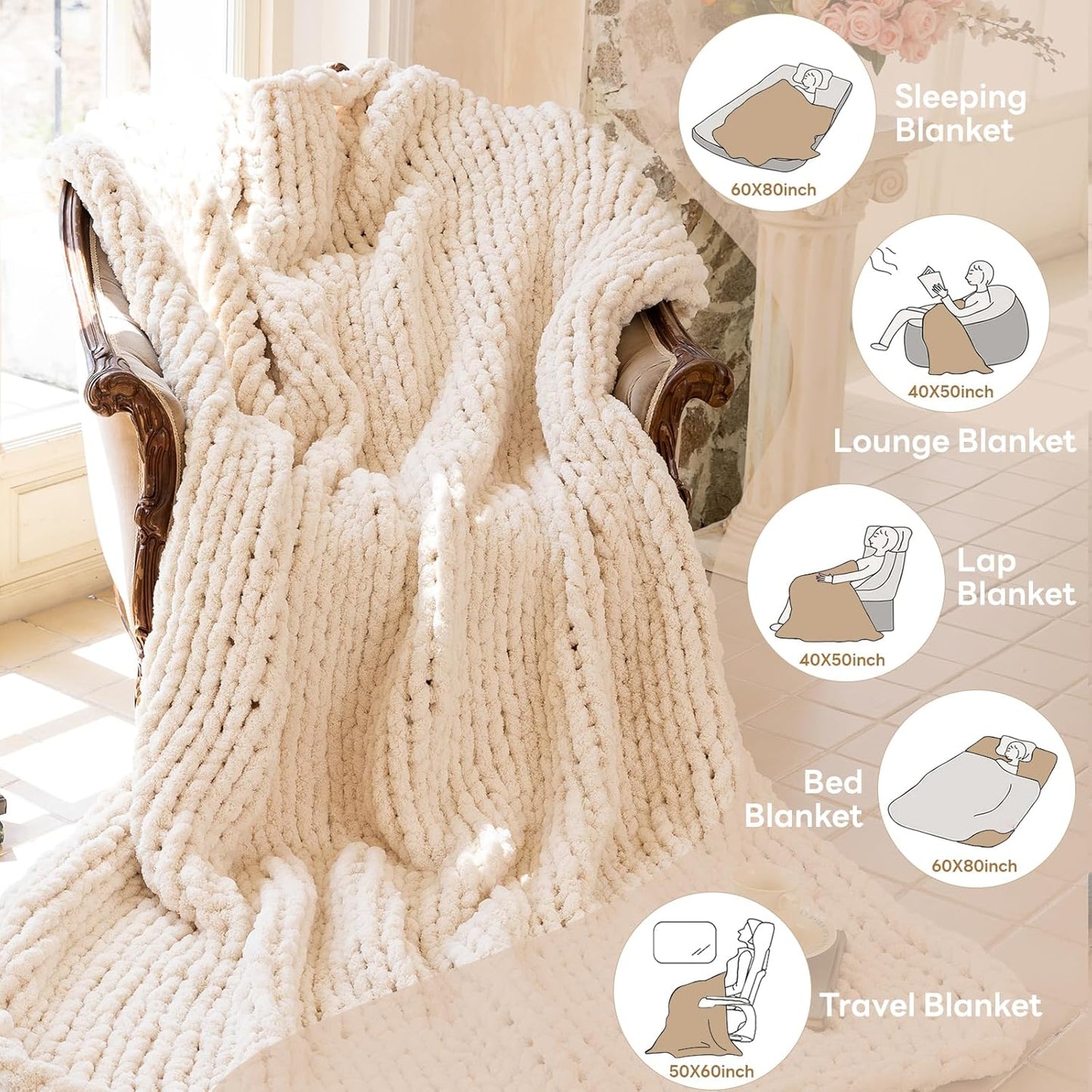 Chunky Knit Blanket - Luxury Soft Cozy 60 * 80 Throw Blanket,100% Woven Blanket Rope Knot Throw