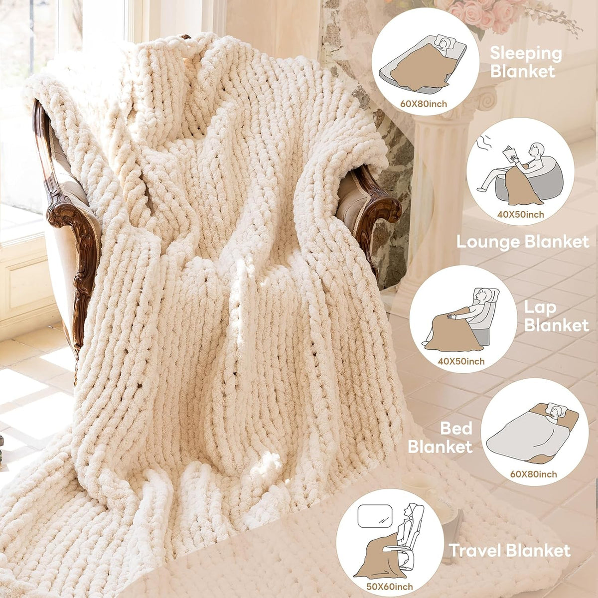 Chunky Knit Blanket - Luxury Soft Cozy 60 * 80 Throw Blanket,100% Woven Blanket Rope Knot Throw
