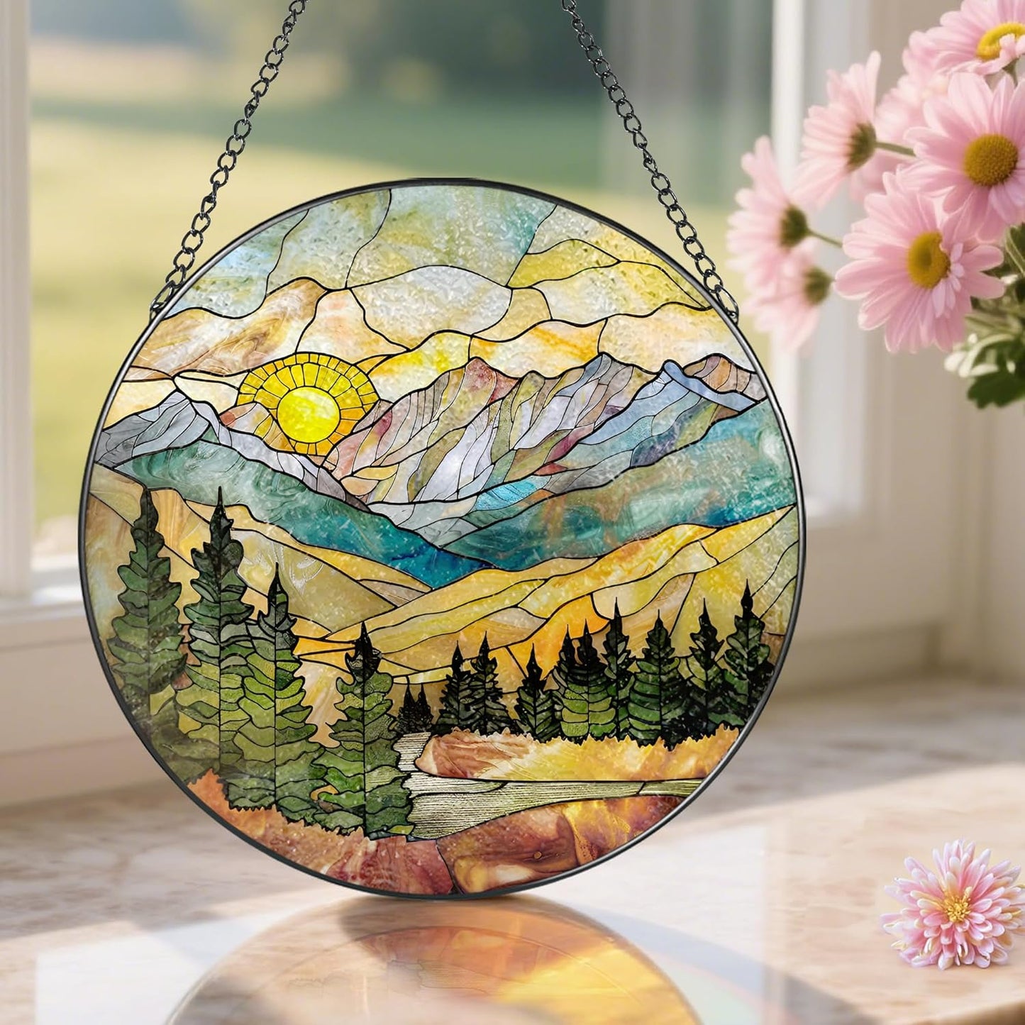 Stained Glass Window Hanging - 8 Inch Mountain Range Suncatcher for Window Doors Home Decoration