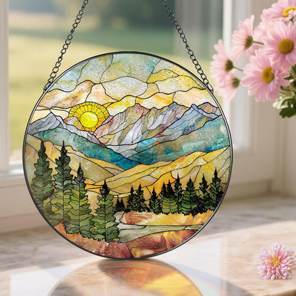 Stained Glass Window Hanging - 8 Inch Mountain Range Suncatcher for Window Doors Home Decoration