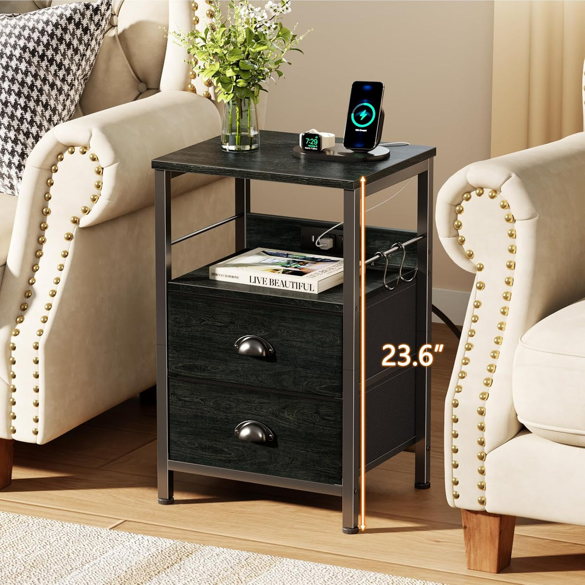 Furologee Nightstand with Charging Station, Black Night Stand with 2 Fabric Drawers, Side Table
