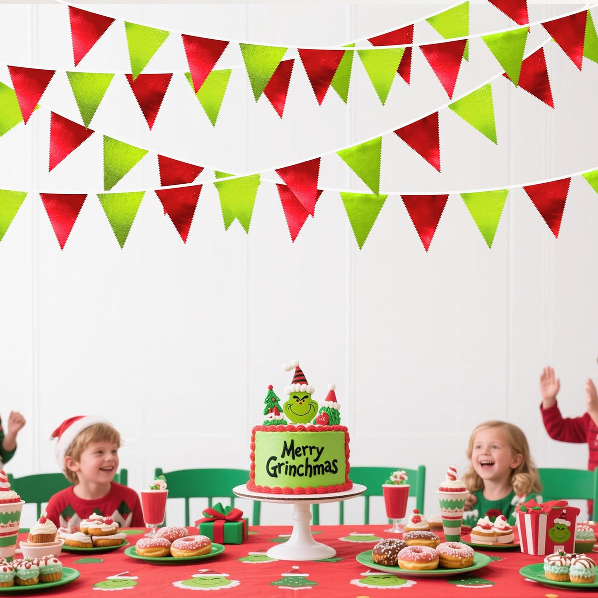 Red and Green Metallic Fabric Triangle Pennant Banner Flag Bunting Garland for Merry Grinchmas