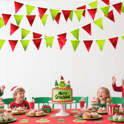 Red and Green Metallic Fabric Triangle Pennant Banner Flag Bunting Garland for Merry Grinchmas
