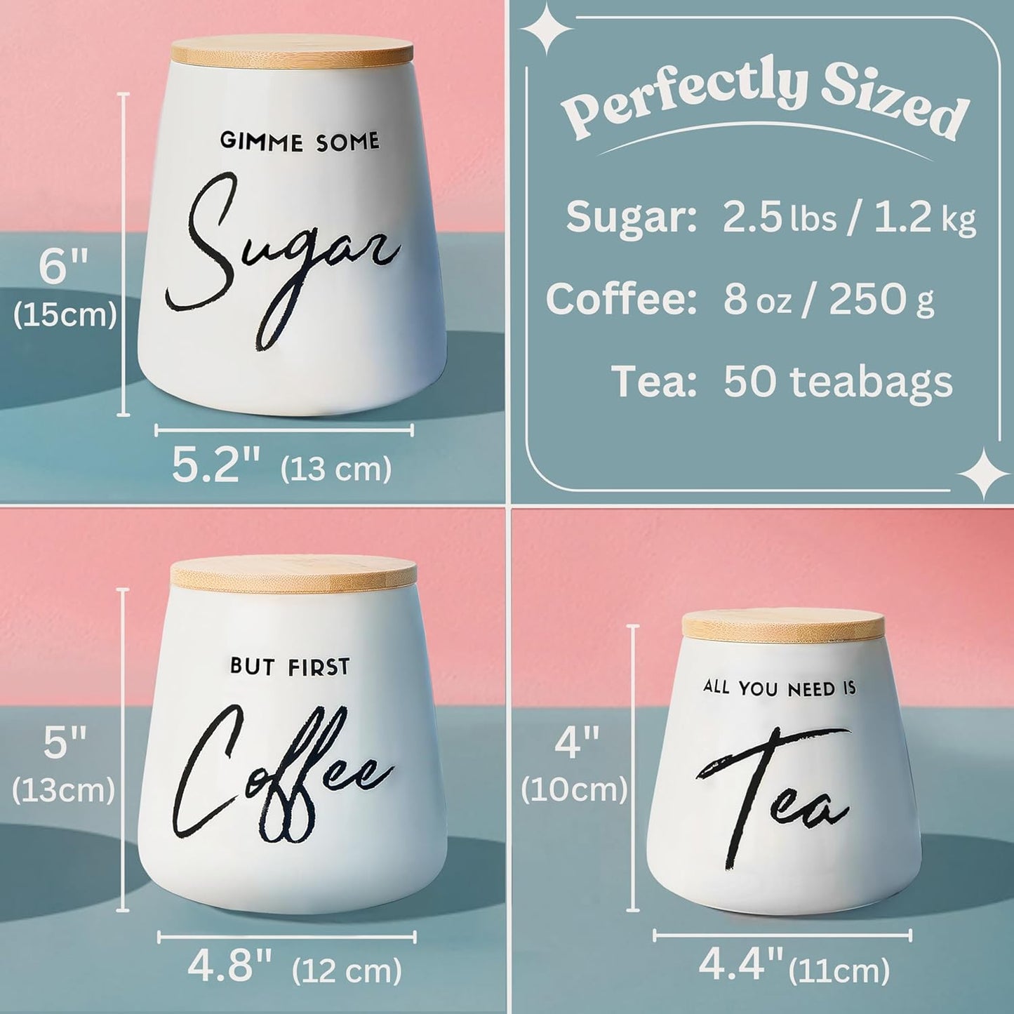 Coffee Tea and Sugar Ceramic Canister Set - 3-Piece Airtight Kitchen Canisters for Countertop