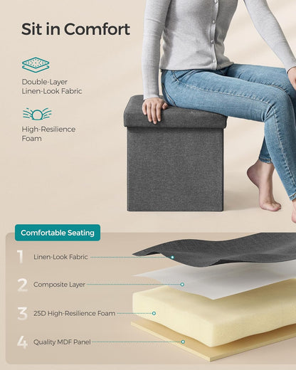 SONGMICS Folding Storage Ottoman Bench，38 x 38 x 38 cm， Ottoman Foot Rest, End of Bed Bench