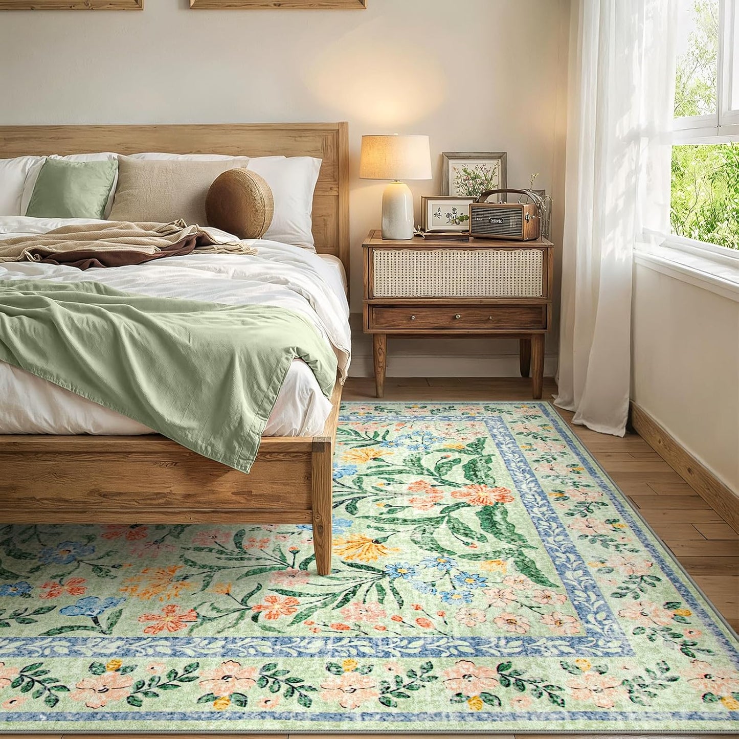 Wonnitar 10x14 Machine Washable Area Rugs, Green Floral Large Rugs for Living Room, Ultra-Thin