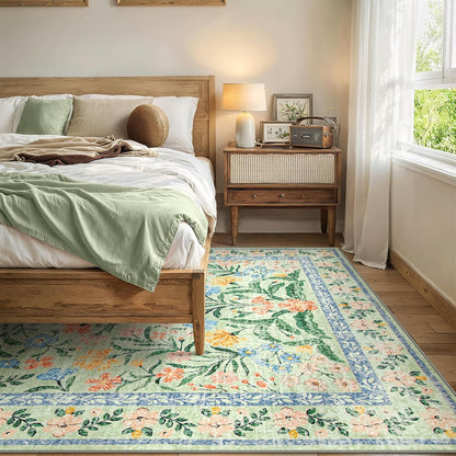 Wonnitar 10x14 Machine Washable Area Rugs, Green Floral Large Rugs for Living Room, Ultra-Thin