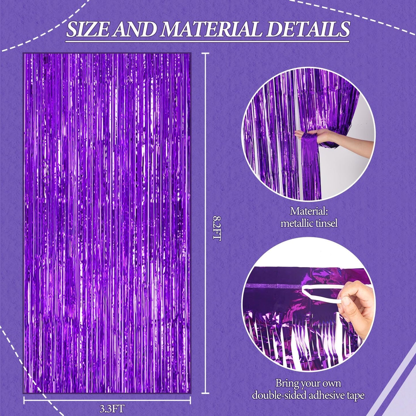 3 Pack Foil Fringe Backdrop - Purple Shiny Tinsel Curtains for Party Decoration/Photo Booth Props
