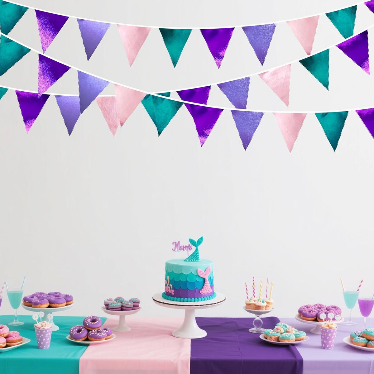Mermaid Party Decorations Purple Pink and Teal Aqua Metallic Fabric Triangle Pennant Banner Flag