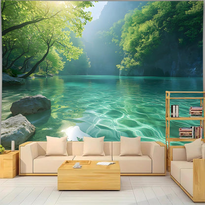 BSFHH Nature Tapestry Forest Tree Sea Cave Wall Hanging, Stream Through Rainforest Landscape Wall