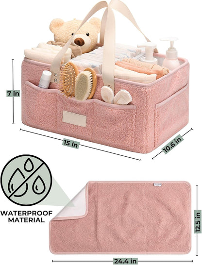 Baby Diaper Caddy Organizer with Portable Changing Mat - Teddy Fleece Diaper Organizer for Changing