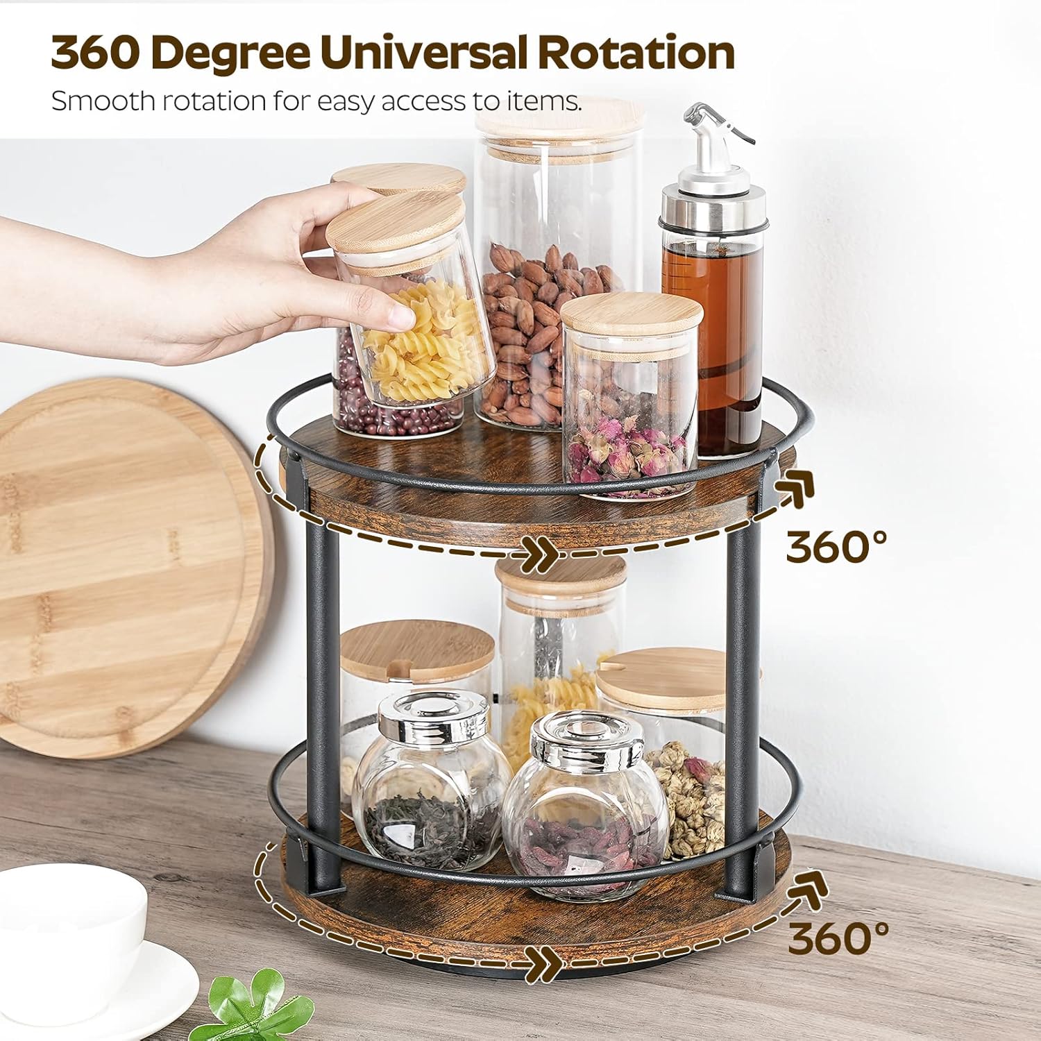 Lazy Susan Organizer, Rotating Spice Rack, 2 Tier Spice Turntable Organizer, Industrial Turntable