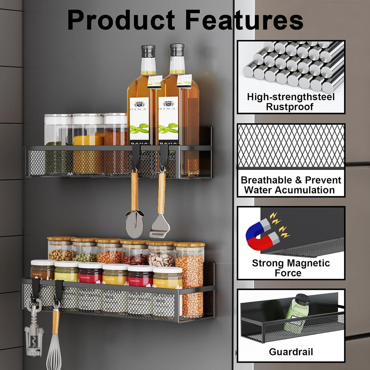 Magnetic Spice Rack for Refrigerator, 6 Pack Magnetic Shelf, Fridge Magnet Organizer with Moveable