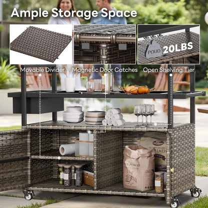 Outdoor Bar Cart with Storage Cabinet, Patio Bar Table with Tempered Glass Tabletop, Outdoor
