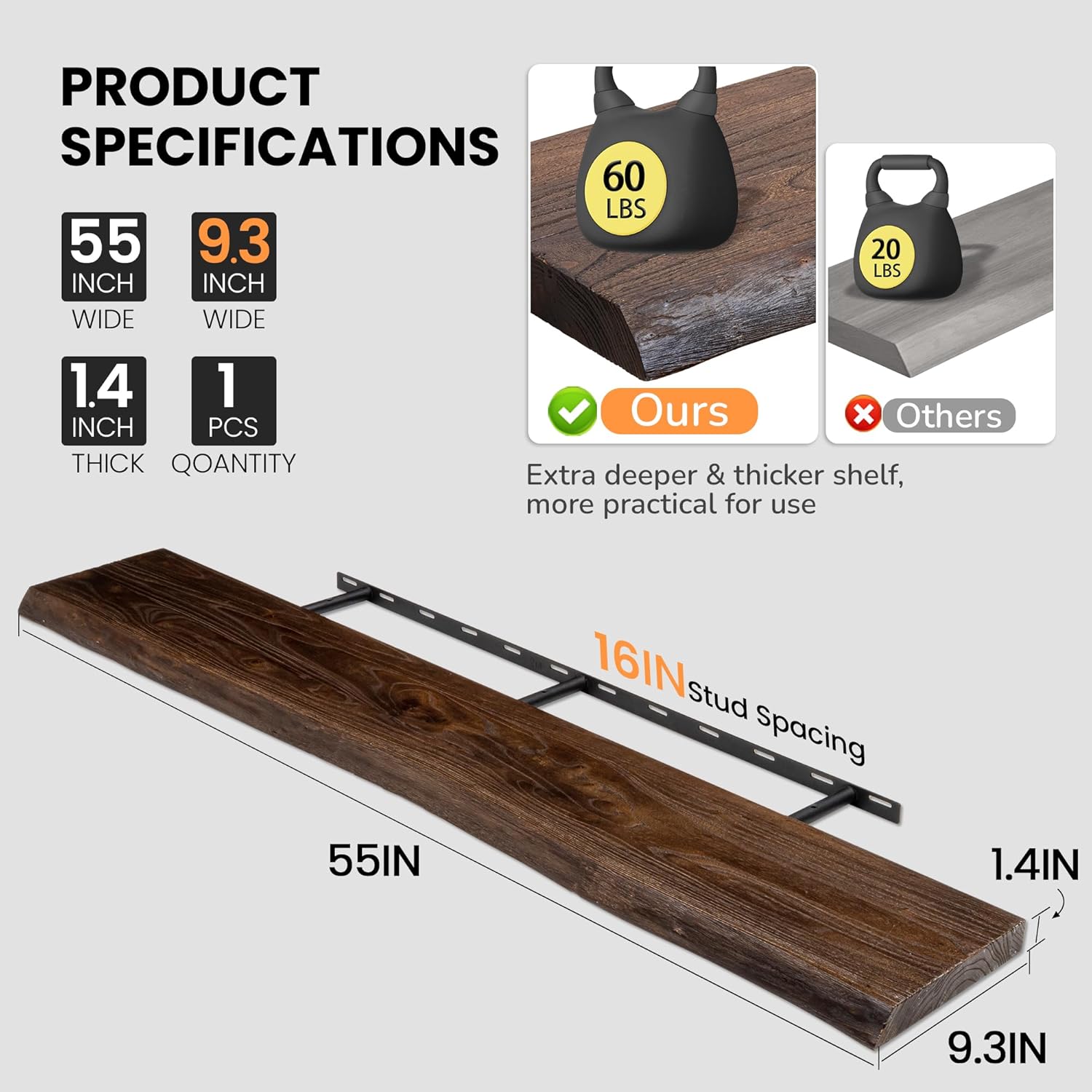 Floating Shelves for Wall, 55"x9.3" Rustic Solid Live-Edge Elm Wood Wall Shelves, Heavy-Duty