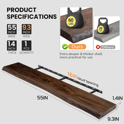 Floating Shelves for Wall, 55"x9.3" Rustic Solid Live-Edge Elm Wood Wall Shelves, Heavy-Duty