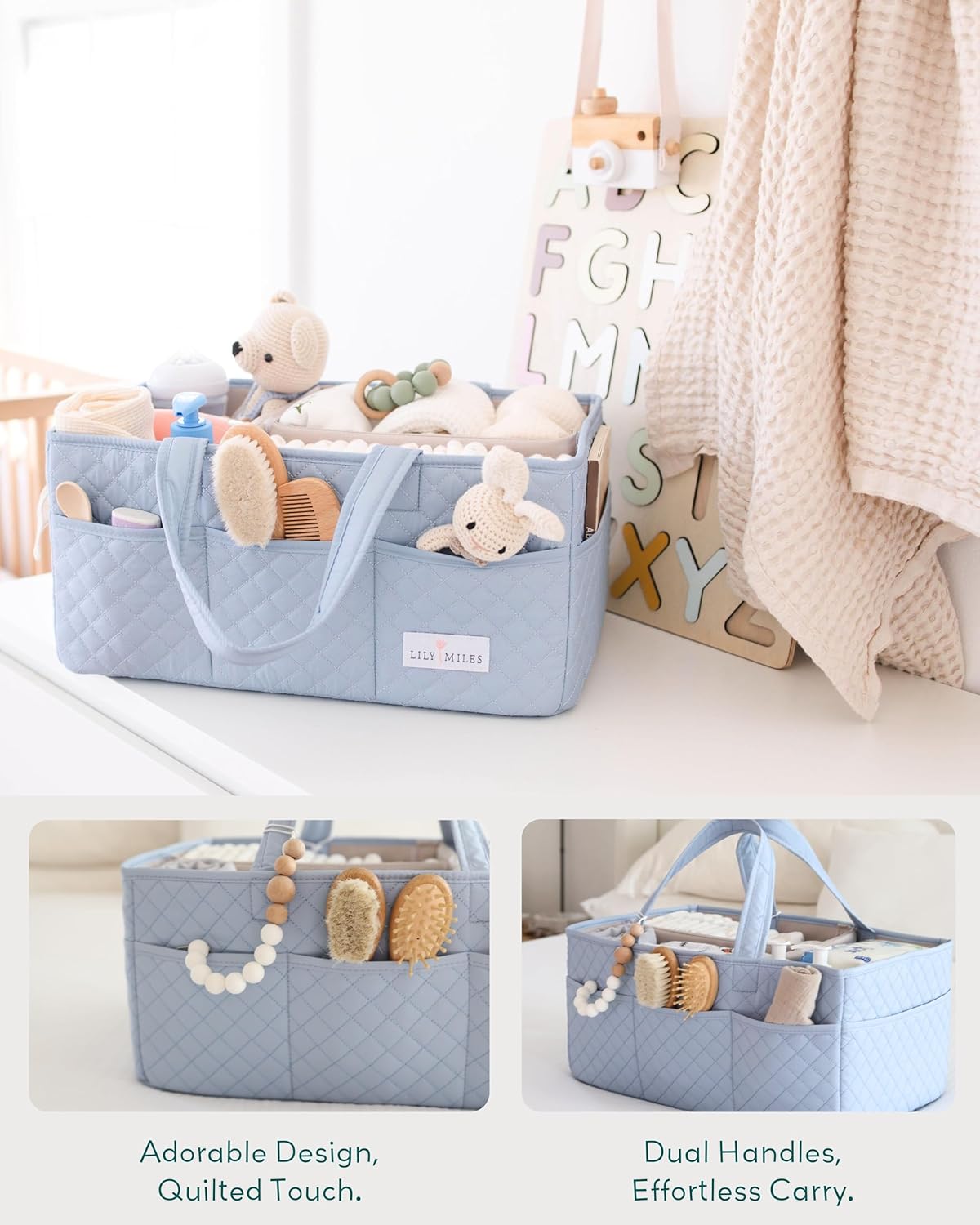 Lily Miles Baby Diaper Caddy Organizer, Quilted Nursery Storage Organizer for Newborn Essentials
