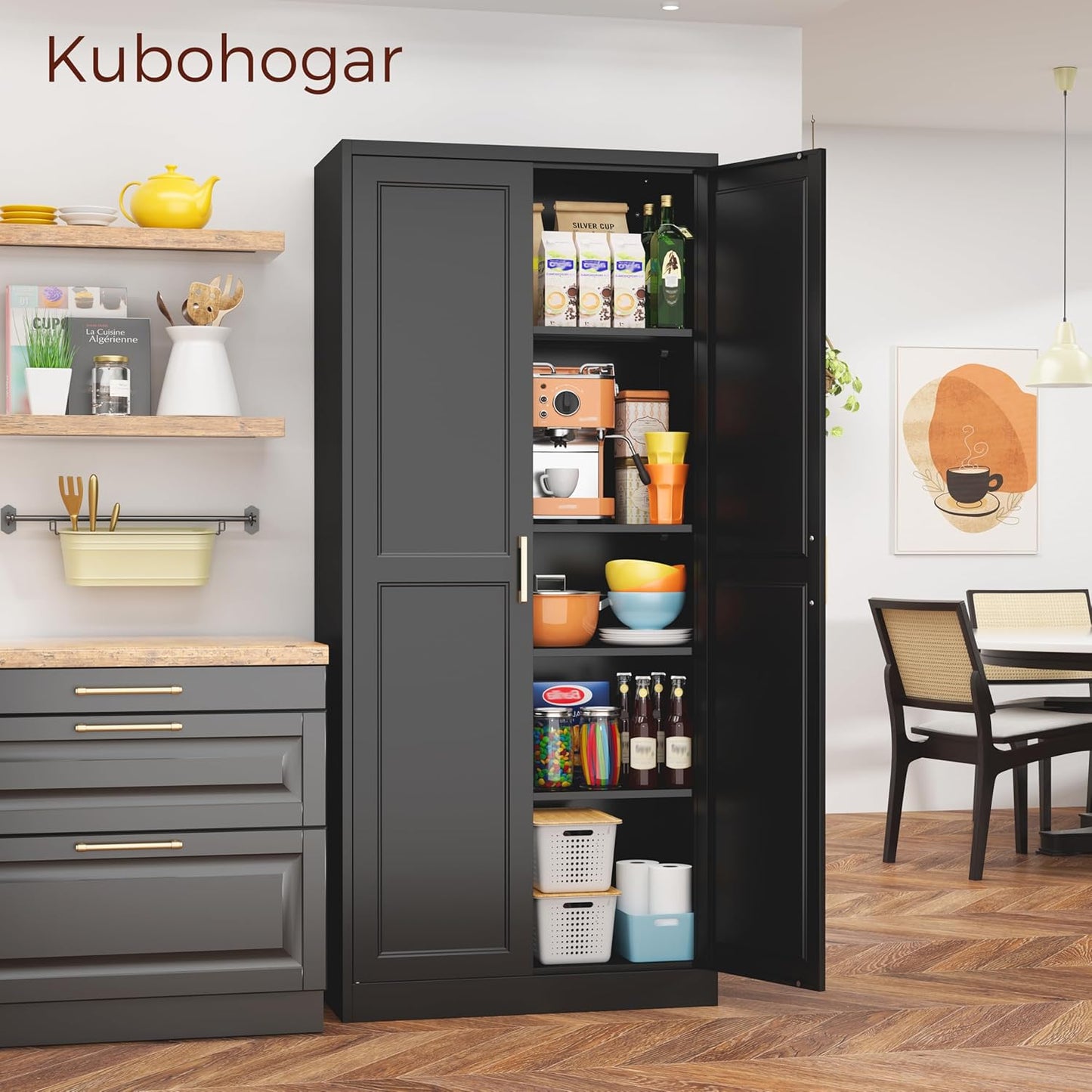 71" Tall Metal Pantry Cabinet, Black Kitchen Pantry Storage Cabinet with 4 Adjustable Shelves and