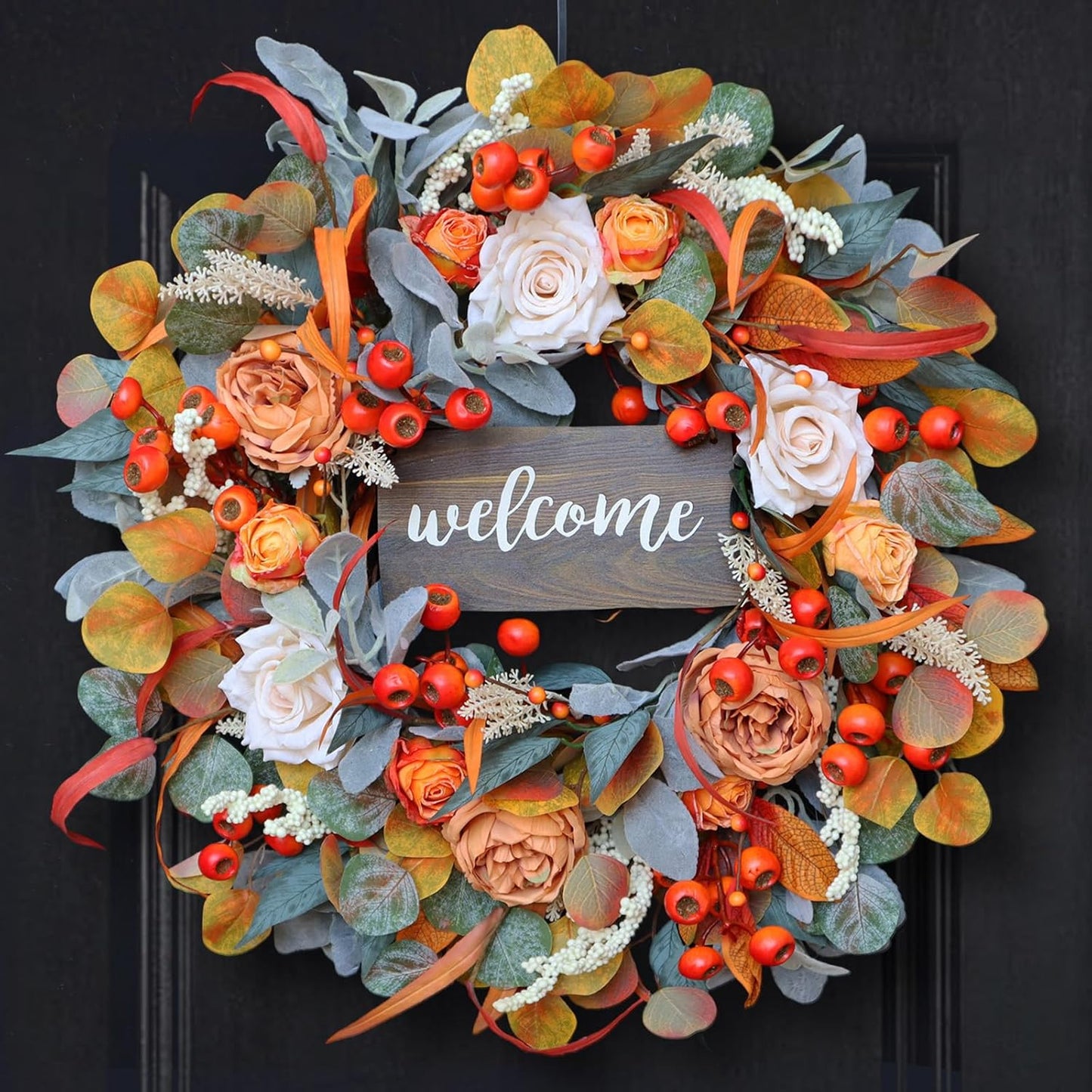 Fall Wreath for Front Door, 24 Inch Autumn Wreath with lamb's Ear Leaves, Roses, Berries & Wooden