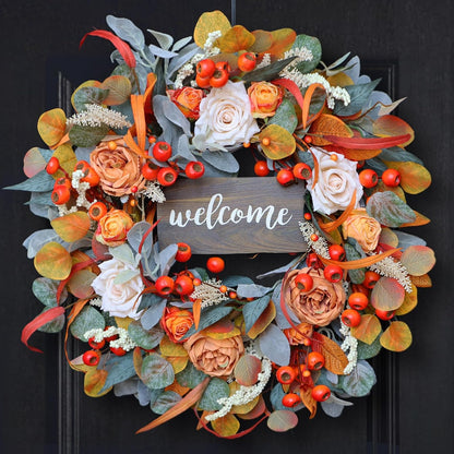 Fall Wreath for Front Door, 24 Inch Autumn Wreath with lamb's Ear Leaves, Roses, Berries & Wooden