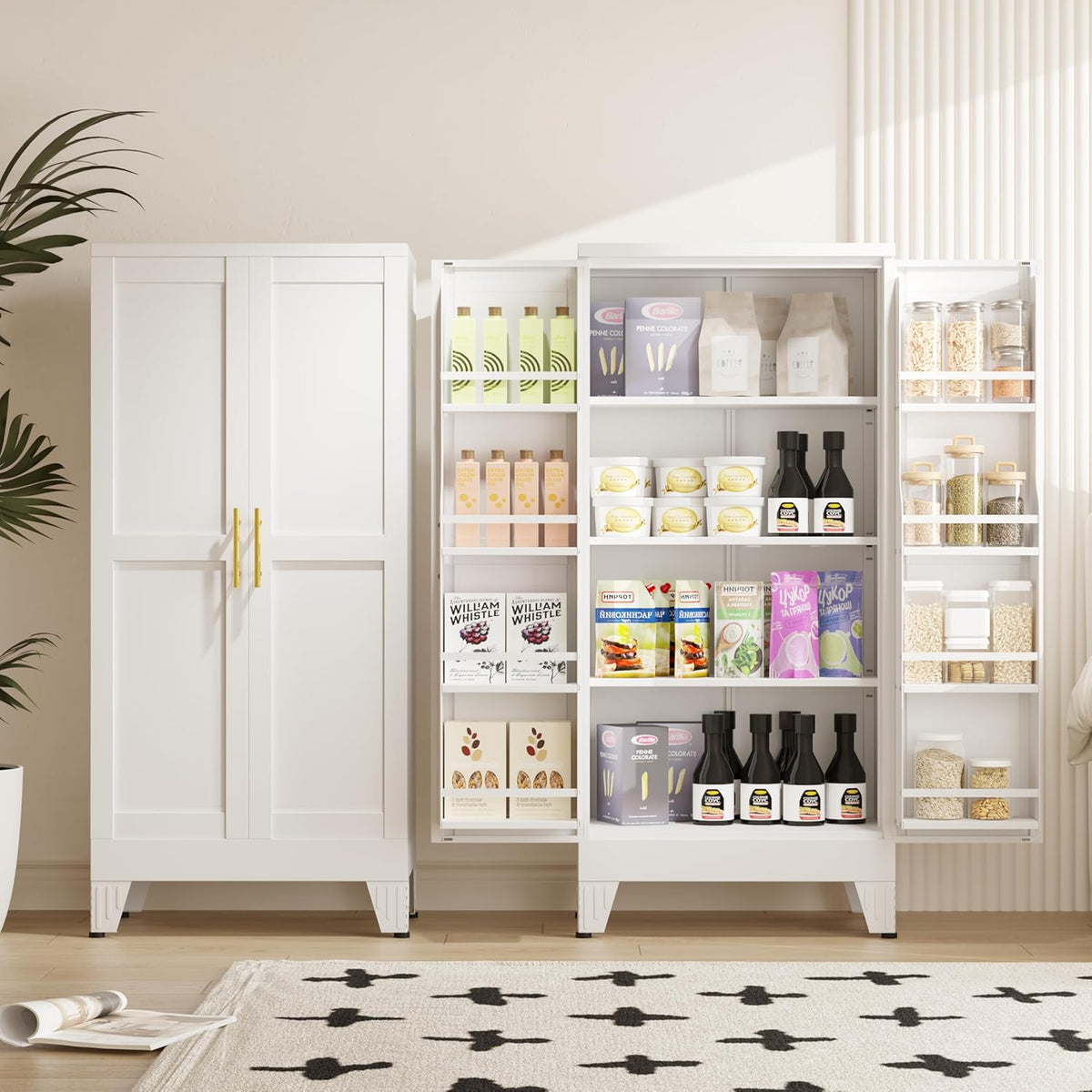 51" Metal Kitchen Pantry Cabinet, Storage Cabinets with 2 Door and 3 Adjustable Shelves, White