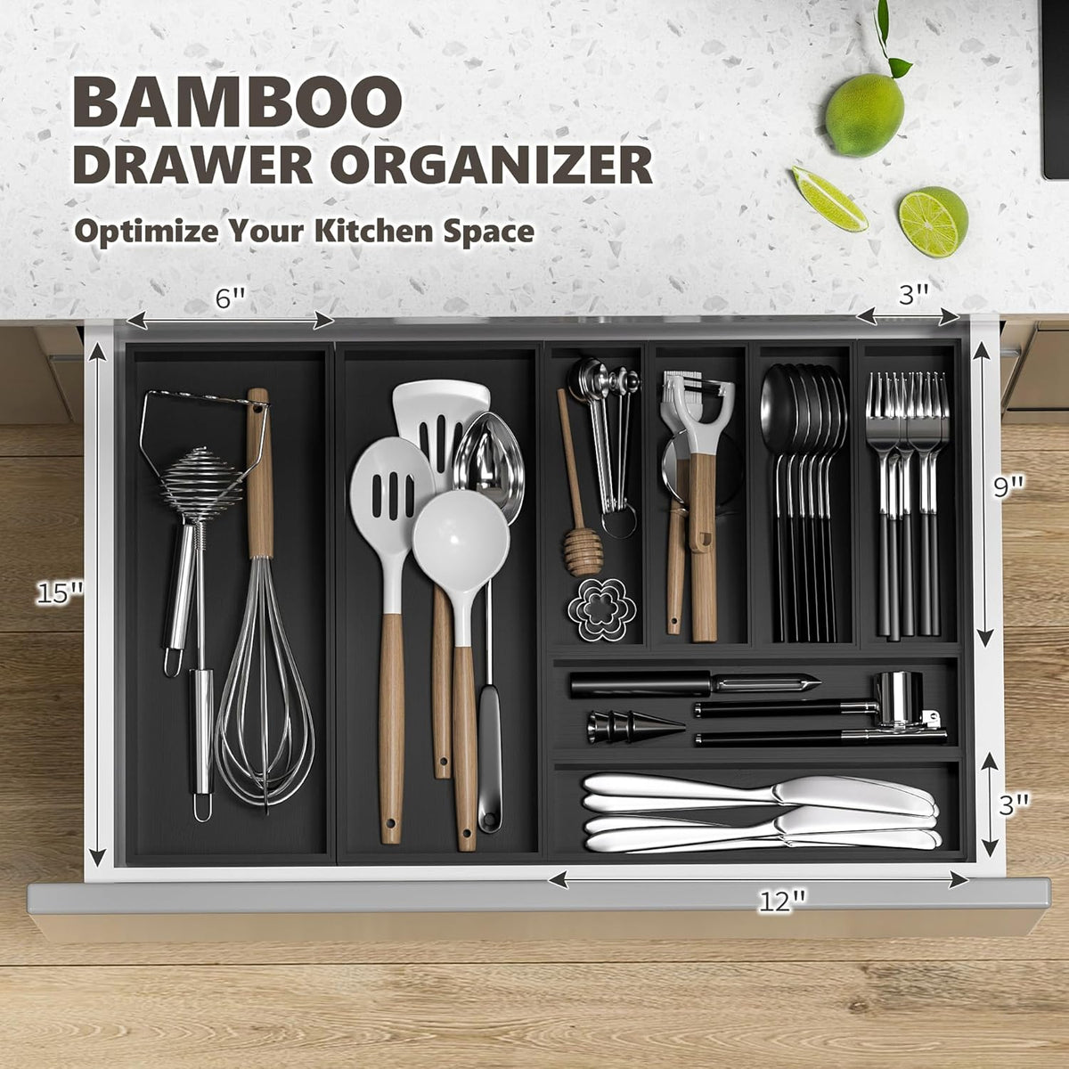 Kitchen Drawer Organizer Bins, Black Bamboo Drawer Organizer Stackable for Silverware, Utensils