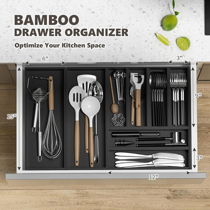 Kitchen Drawer Organizer Bins, Black Bamboo Drawer Organizer Stackable for Silverware, Utensils