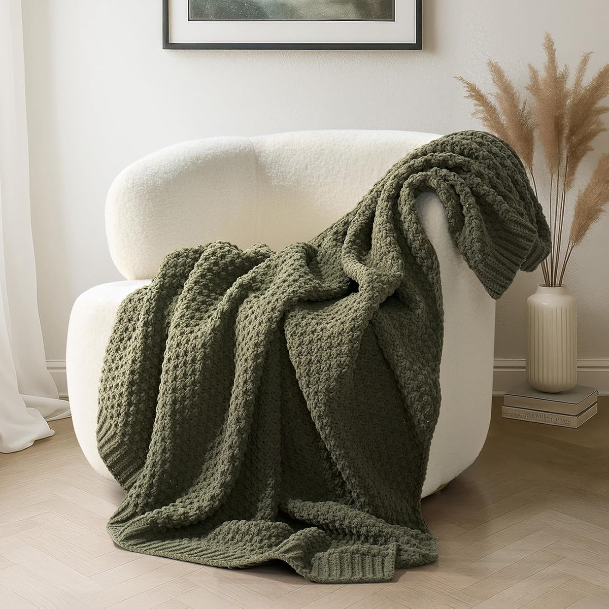 Chunky Chenille Knit Throw Blanket for Couch, Soft Luxurious Moss Stitch Blankets for Bed, Cozy