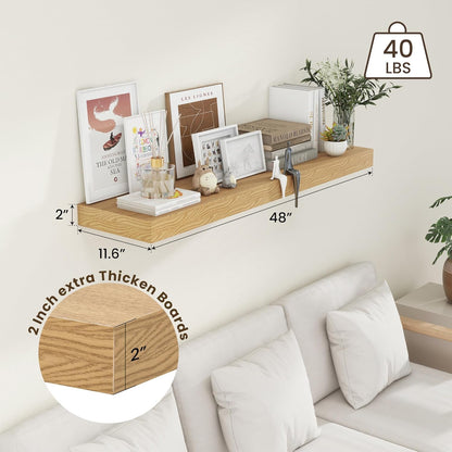12 Inch Deep Floating Shelves for Wall, 48W x 12D Rustic Oak Wood Floating Shelves, Large Floating